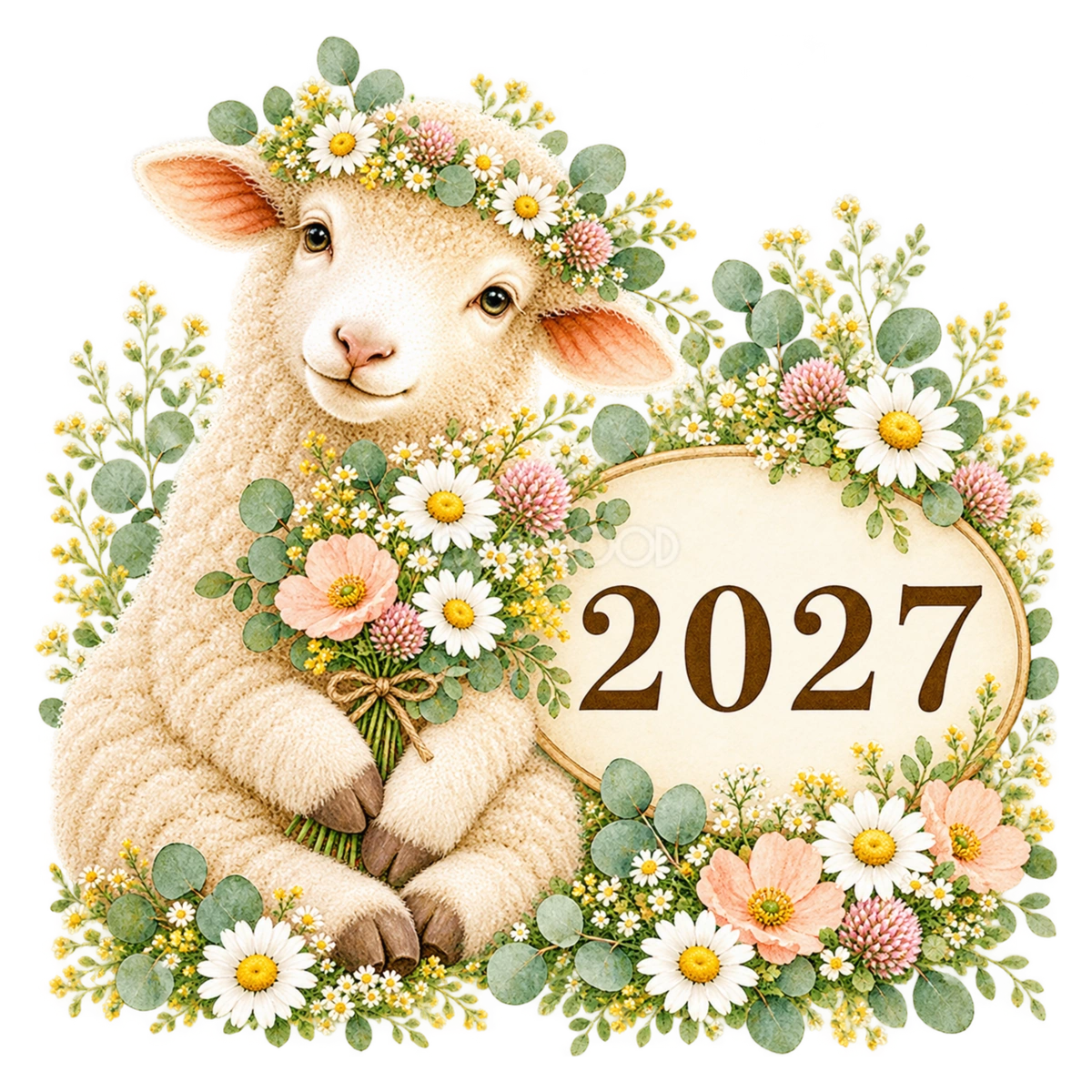 2027文字・ロゴと花束を抱えるかわいい羊|未年の無料イラスト97123