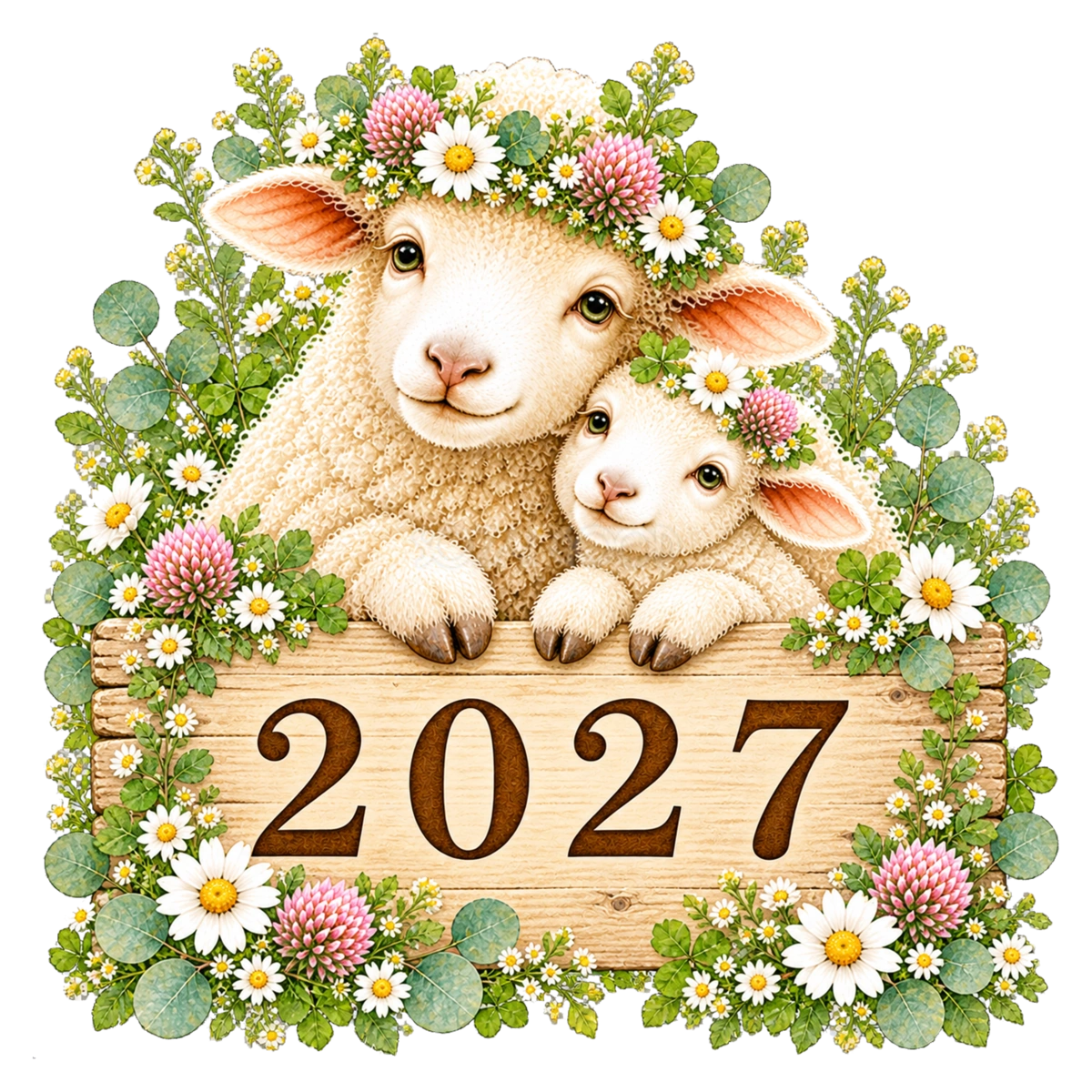 2027文字・ロゴとかわいい羊の親子|未年の無料イラスト97124