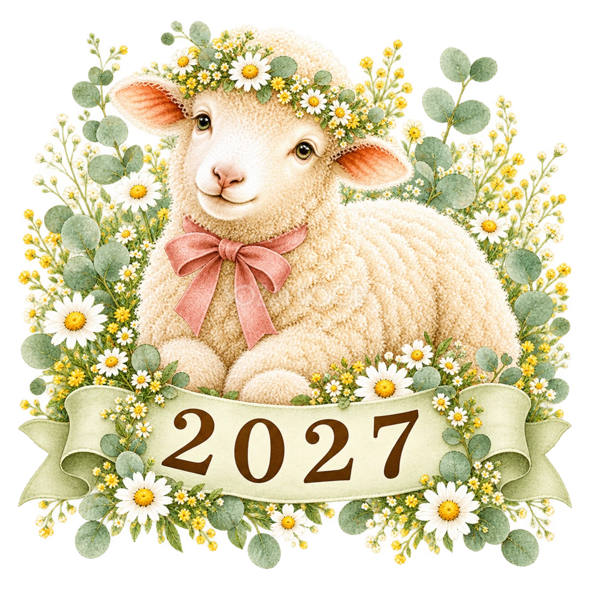 2027文字・ロゴとリボンをつけたかわいい羊|未年の無料イラスト97125