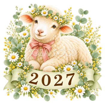 2027文字・ロゴとリボンをつけたかわいい羊｜未年の無料イラスト97125