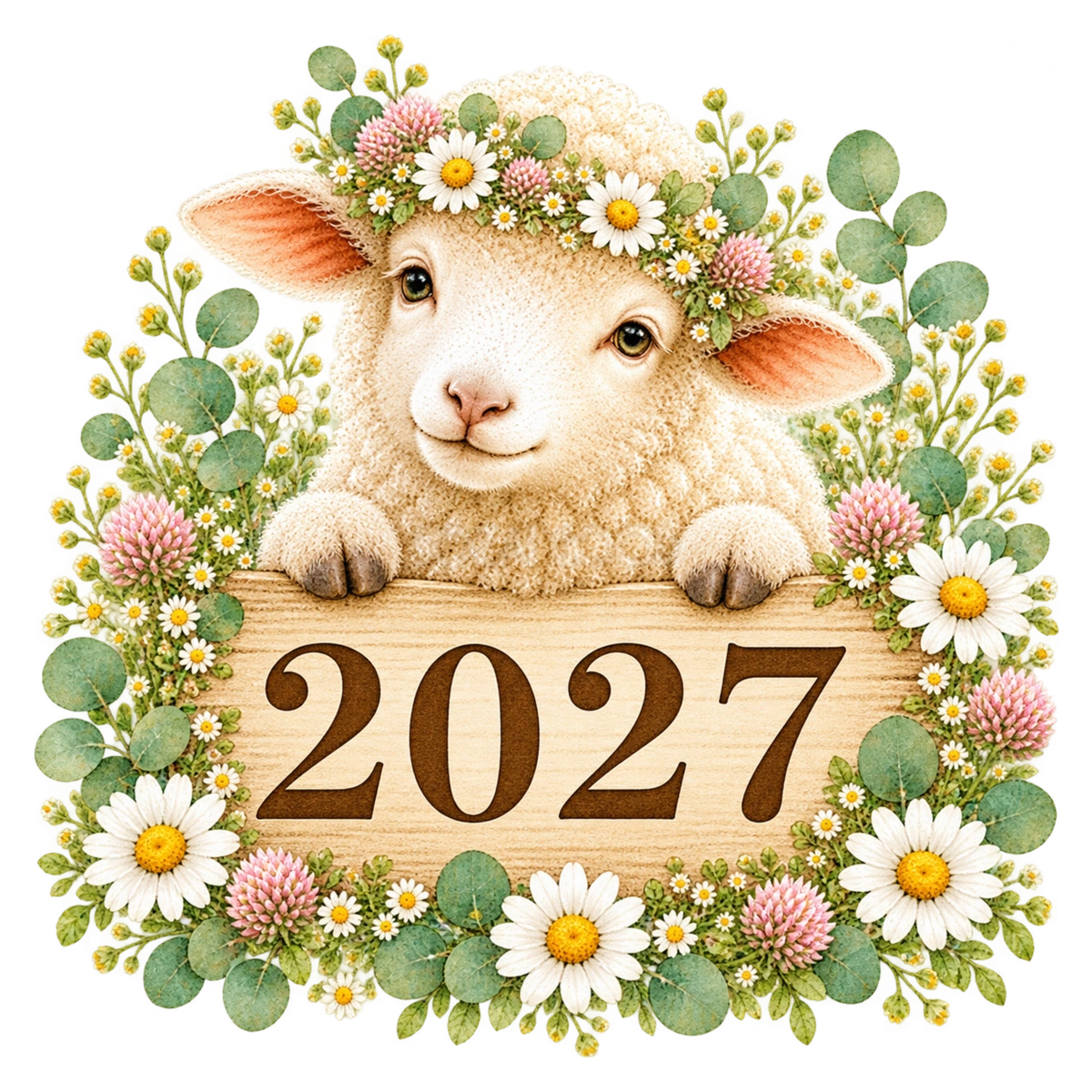 2027文字・ロゴから顔をのぞかせるかわいい羊|未年の無料イラスト97127