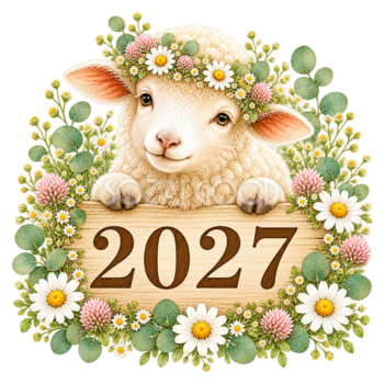 2027文字・ロゴから顔をのぞかせるかわいい羊｜未年の無料イラスト97127