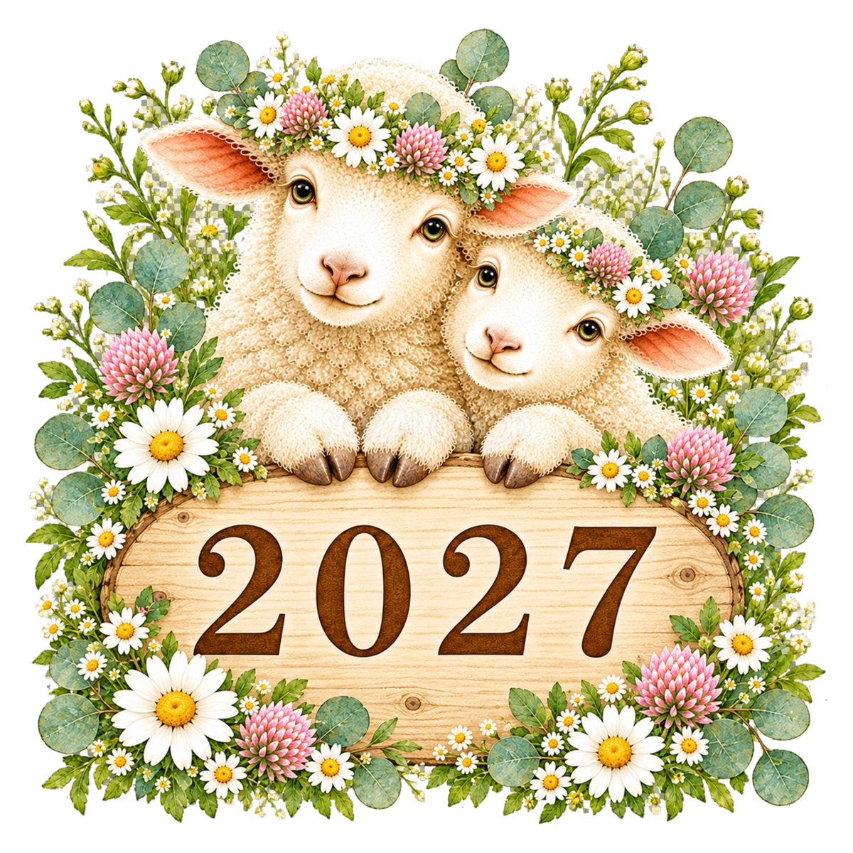 2027文字・ロゴと花に囲まれたかわいい羊|未年の無料イラスト97128