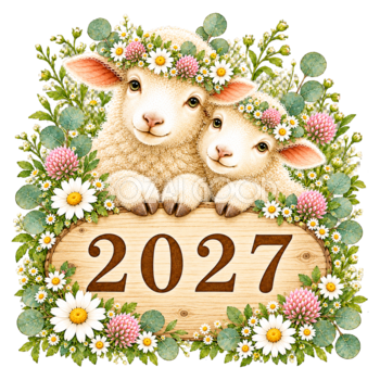 2027文字・ロゴと花に囲まれたかわいい羊｜未年の無料イラスト97128