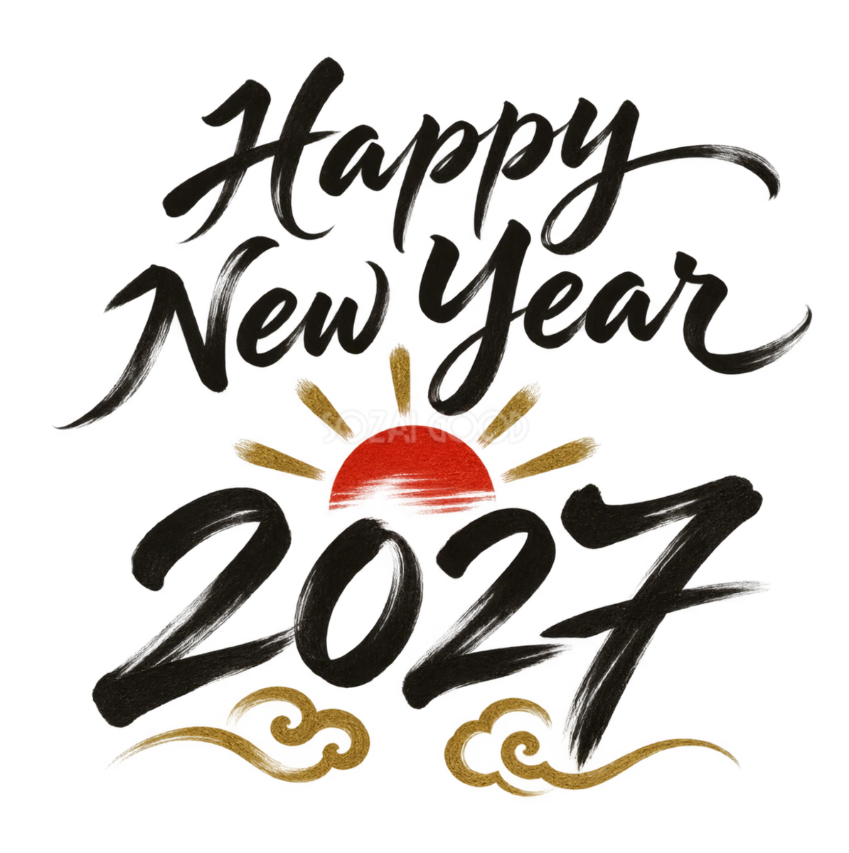 日の出とHappy New Year・2027|未年の白黒年賀状を彩る筆書き文字・ロゴイラスト97190