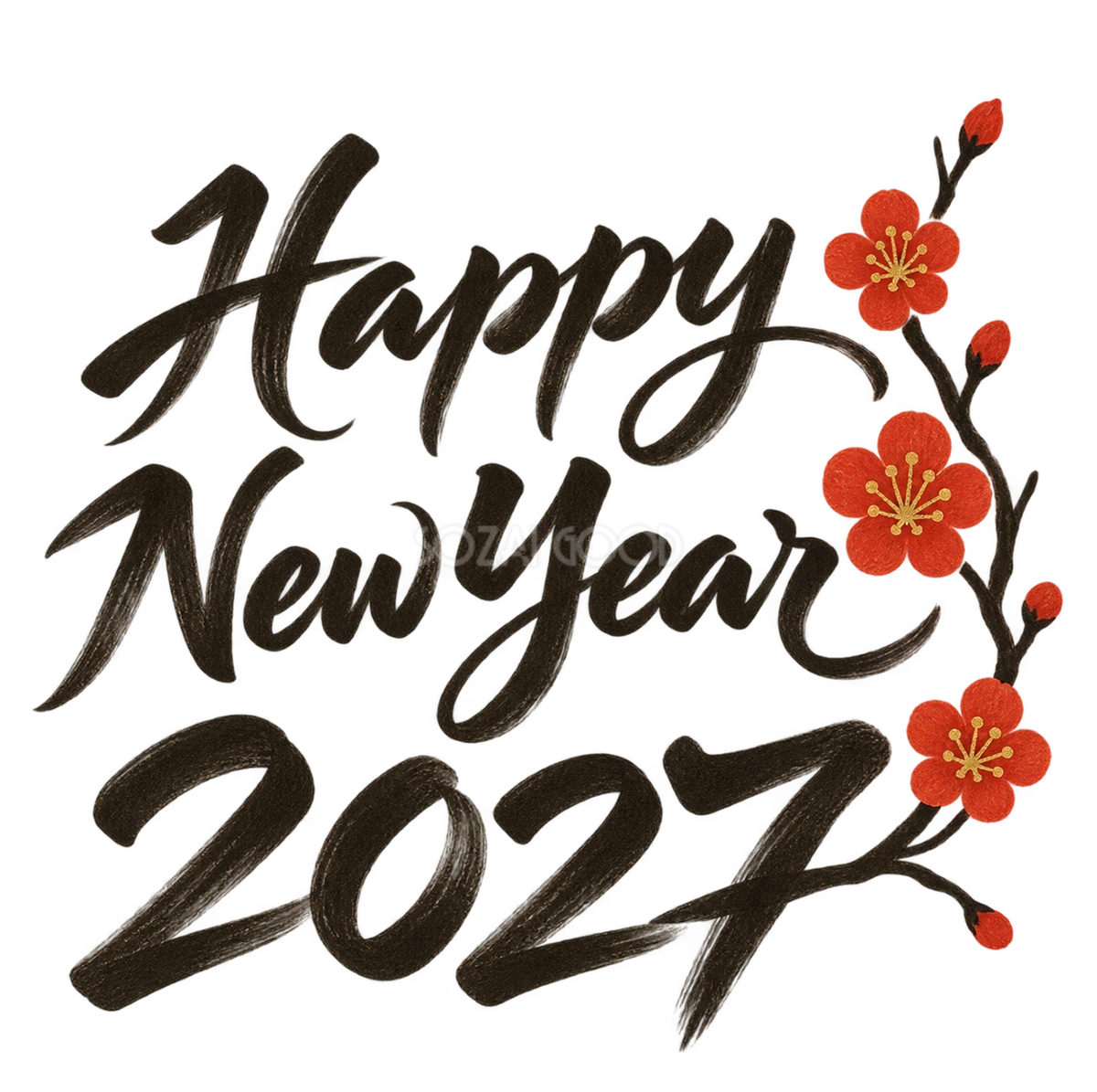 梅とHappy New Year・2027|未年の白黒年賀状を彩る筆書き文字・ロゴイラスト97191