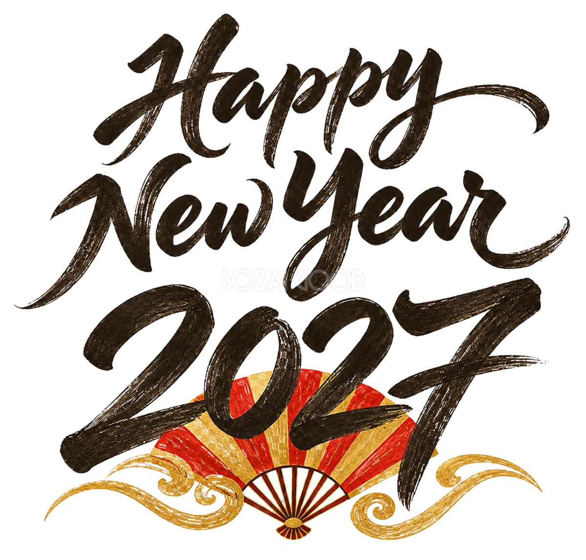 扇とHappy New Year・2027|未年の白黒年賀状を彩る筆書き文字・ロゴイラスト97196
