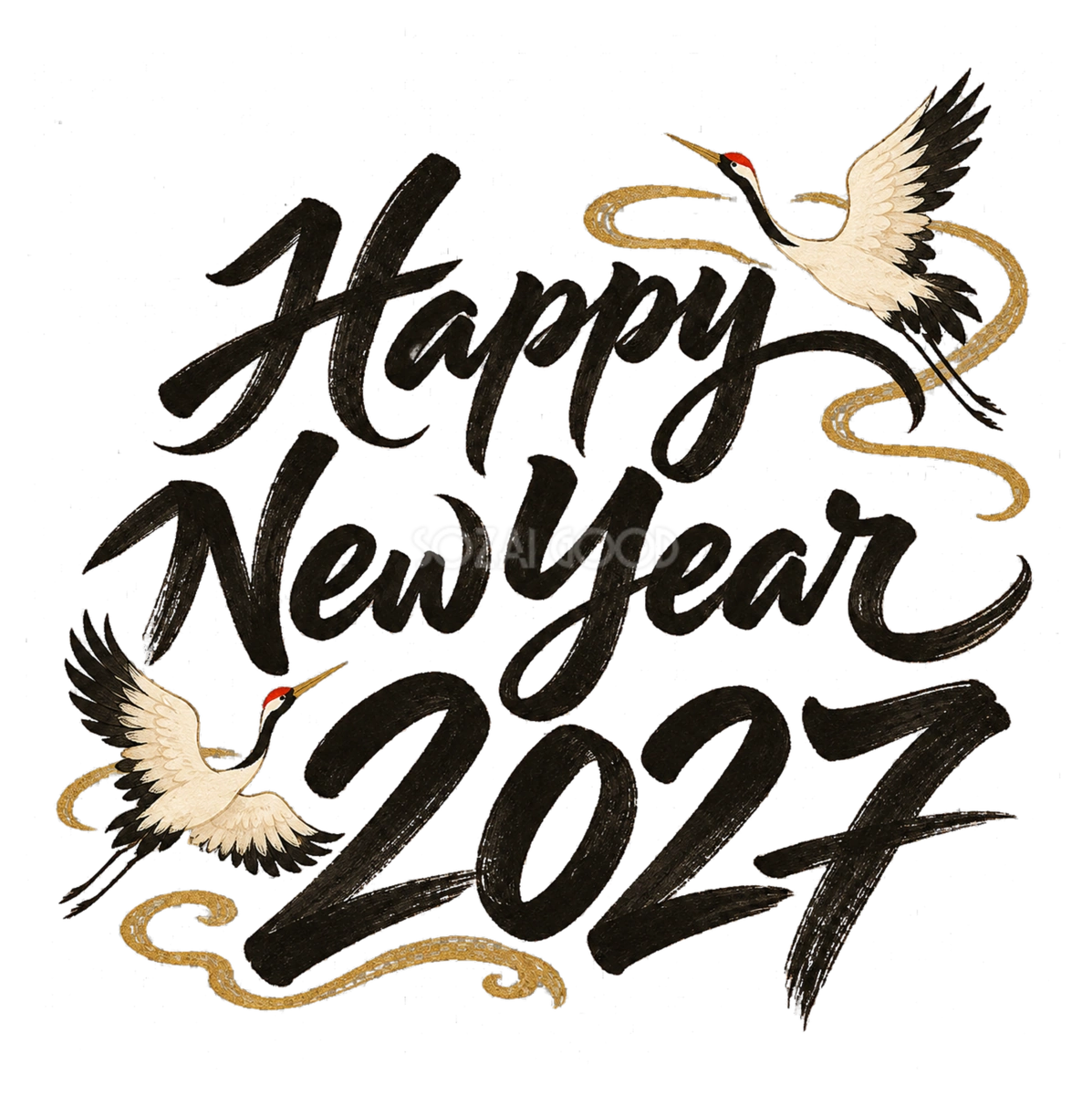 鶴とHappy New Year・2027|未年の白黒年賀状を彩る筆書き文字・ロゴイラスト97197