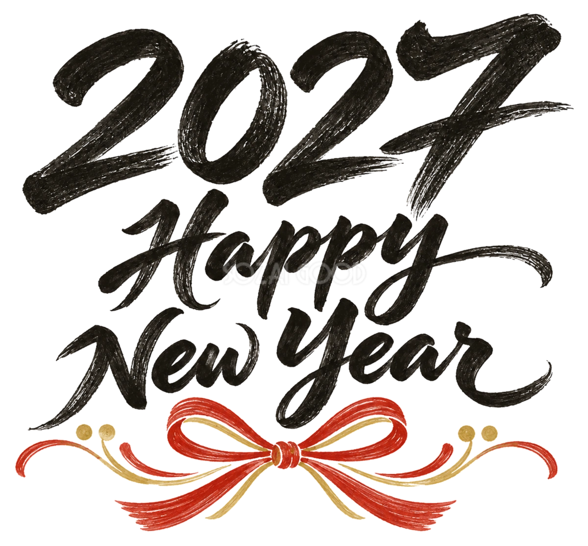 リボンとHappy New Year・2027|未年の白黒年賀状を彩る筆書き文字・ロゴイラスト97200