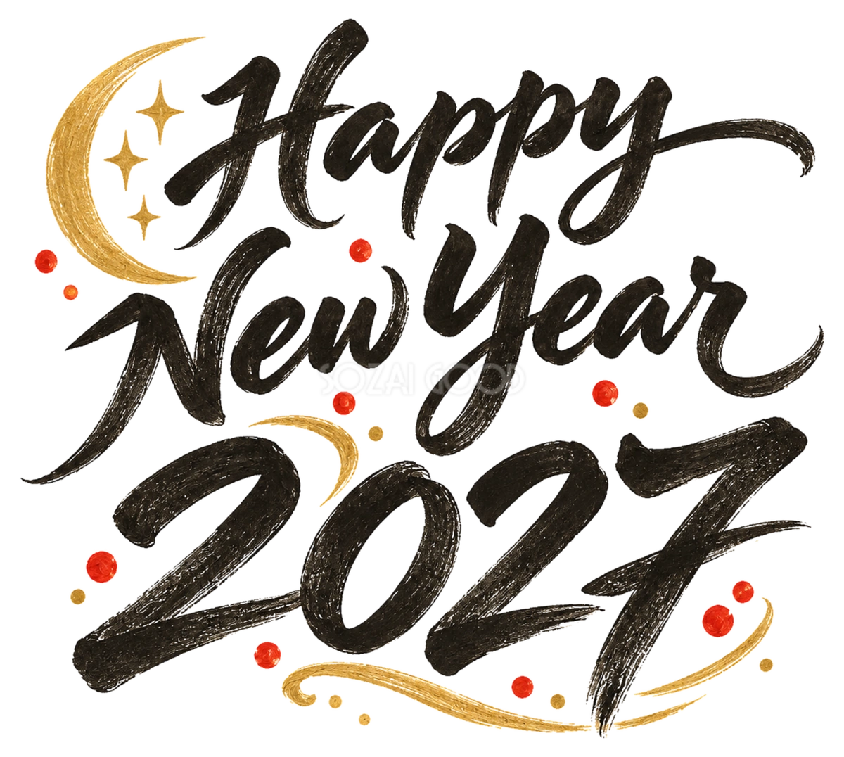月とHappy New Year・2027|未年の白黒年賀状を彩る筆書き文字・ロゴイラスト97201