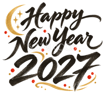 月とHappy New Year・2027｜未年の白黒年賀状を彩る筆書き文字・ロゴイラスト97201