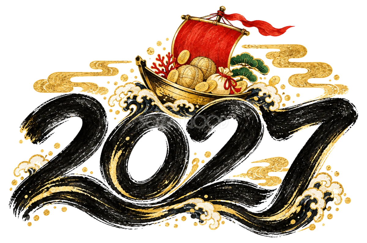 2027と宝船の筆書き文字・ロゴ|未年の年賀状・白黒デザインにも映えるイラスト97227