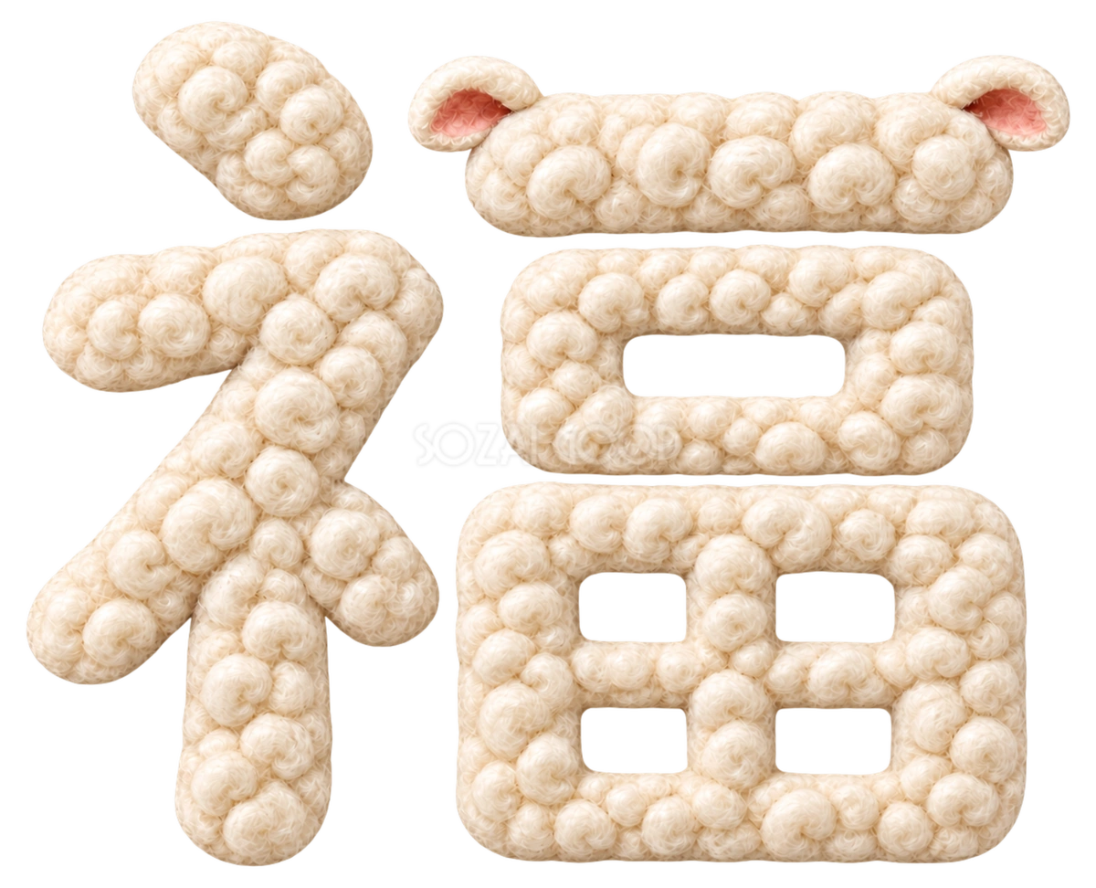 羊毛もこもこの「福」文字・ロゴ|2027未年の年賀状にかわいい無料イラスト97261