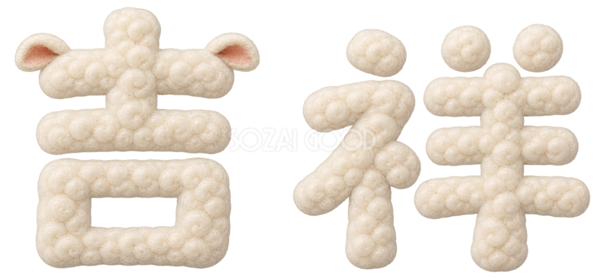 羊毛もこもこの「吉祥」文字・ロゴ|2027未年の年賀状にかわいい無料イラスト97263