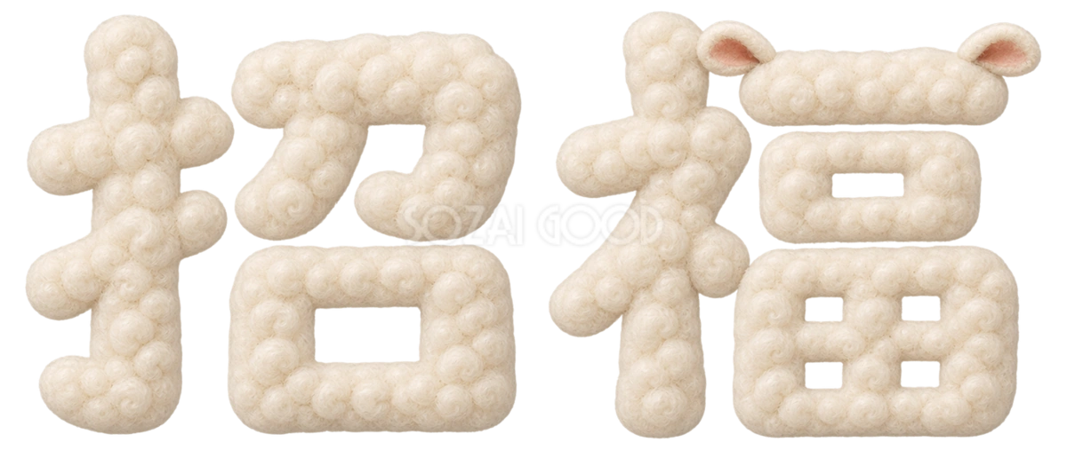 羊毛もこもこの「招福」文字・ロゴ|2027未年の年賀状にかわいい無料イラスト97264