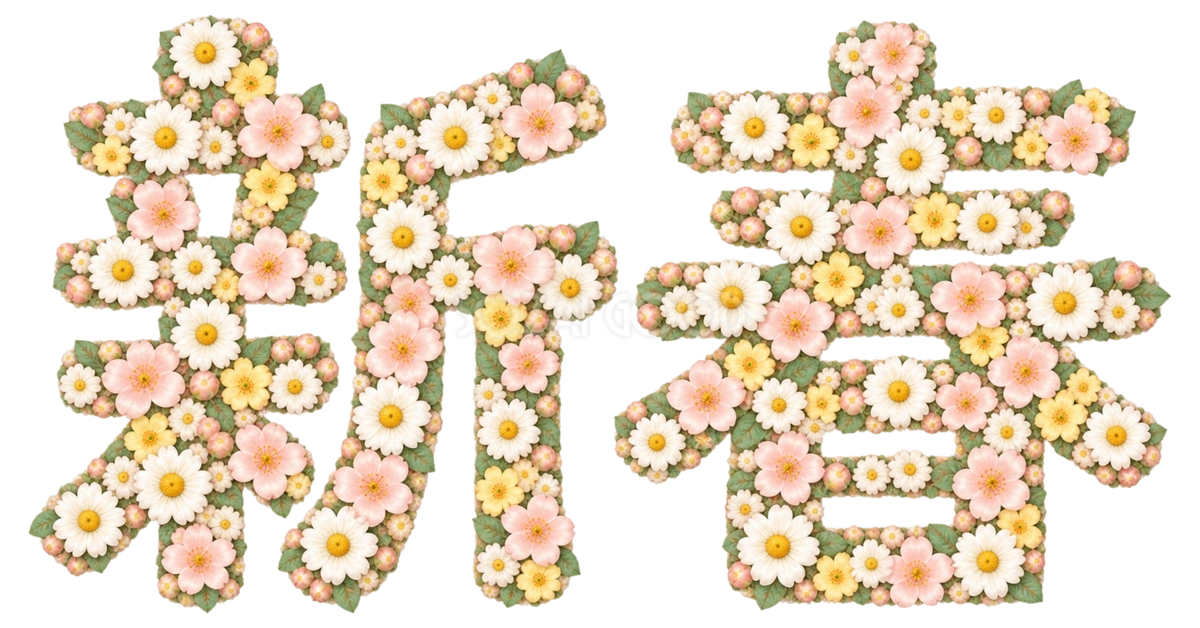 小花の「新春」|2027未年の年賀状に・かわいい文字・ロゴの無料イラスト97287