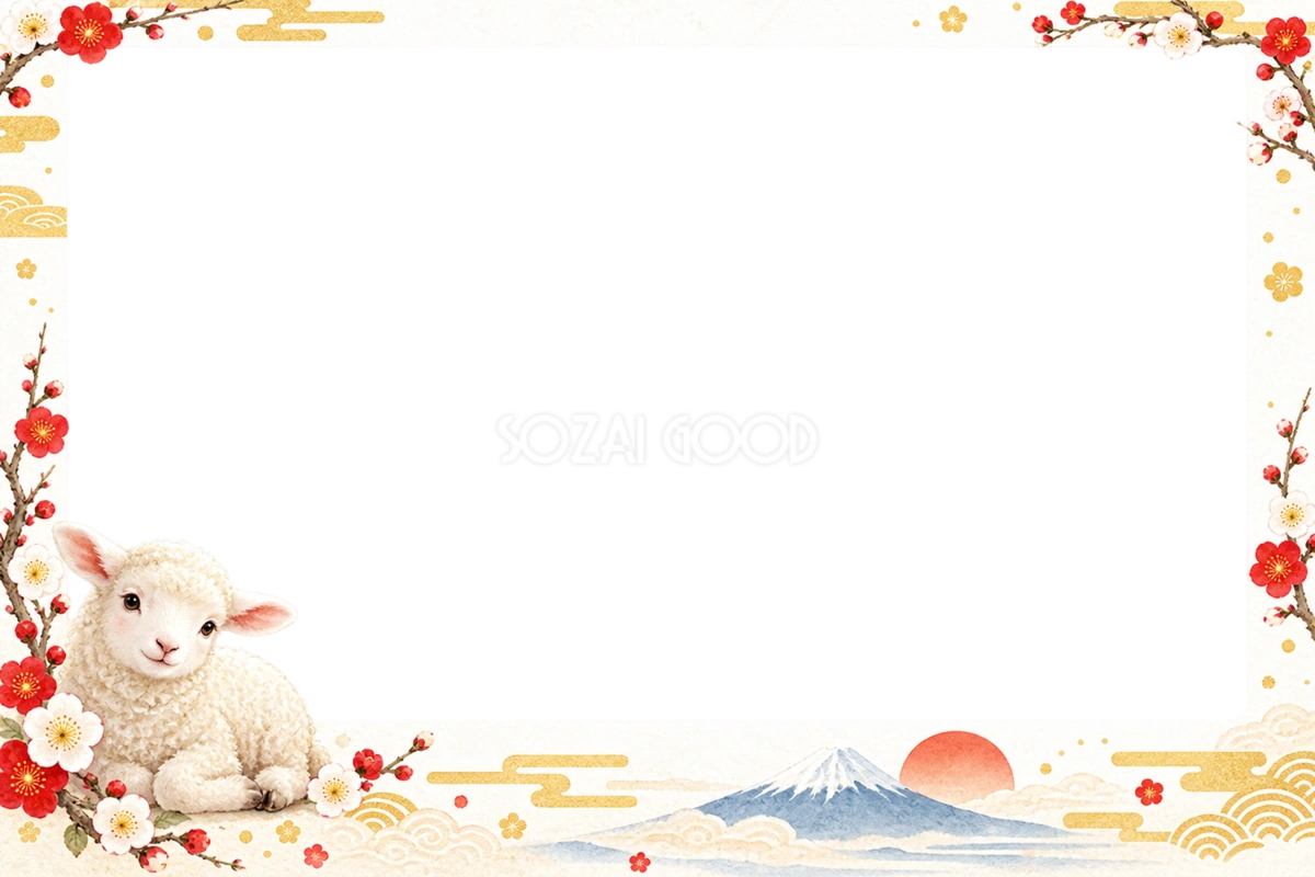 富士山・初日の出と羊の写真フレーム|2027未年のかわいい和風年賀状イラスト97300
