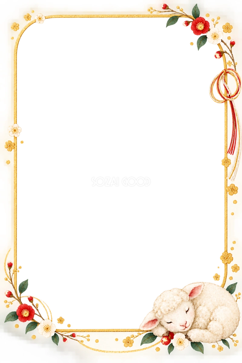 紅白椿と眠る小羊の写真フレーム|2027未年のかわいい和風年賀状イラスト97302