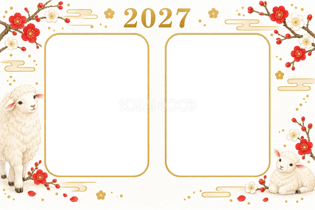 2027の年号と羊の写真2枚フレーム|未年のかわいい和風年賀状イラスト97311