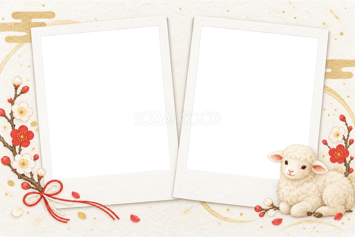 白い写真カード2枚と羊のフレーム|2027未年のかわいい和風年賀状イラスト97312