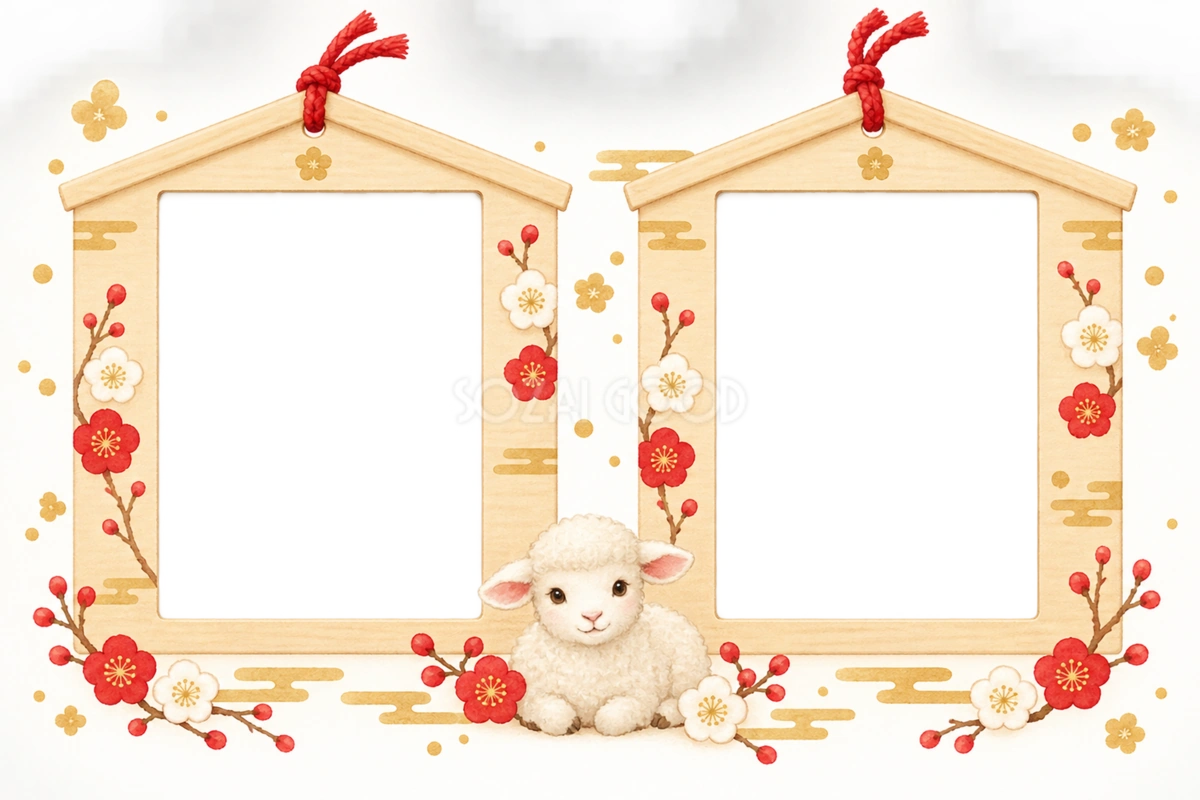 絵馬2つと羊の写真フレーム|2027未年のかわいい和風年賀状イラスト97315