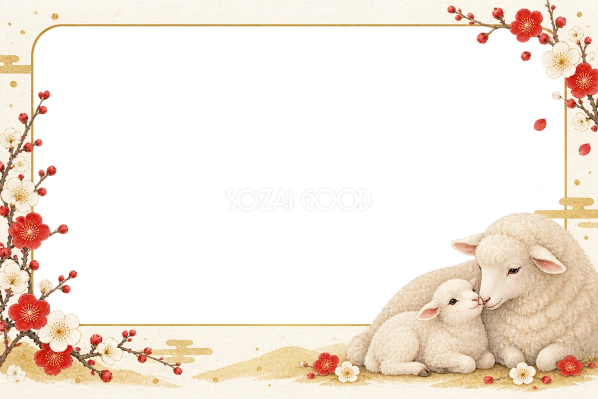 2027未年|かわいい羊の母子と梅の和風写真フレーム・年賀状イラスト97321