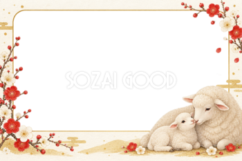 2027未年｜かわいい羊の母子と梅の和風写真フレーム・年賀状イラスト97321
