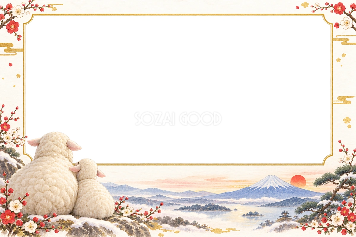 2027未年|富士山を眺めるかわいい羊親子の和風写真フレーム・年賀状イラスト97325