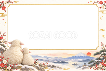 2027未年｜富士山を眺めるかわいい羊親子の和風写真フレーム・年賀状イラスト97325