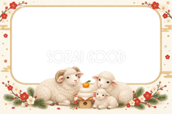 2027未年｜鏡餅を囲むかわいい羊家族の和風写真フレーム・年賀状イラスト97327