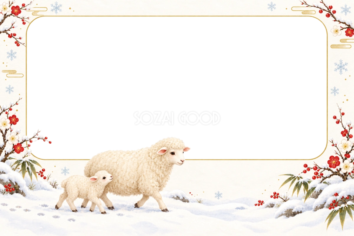2027未年|雪道を歩くかわいい羊親子の和風写真フレーム・年賀状イラスト97330