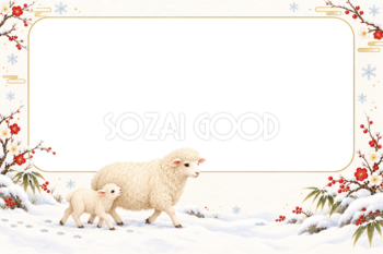 2027未年｜雪道を歩くかわいい羊親子の和風写真フレーム・年賀状イラスト97330