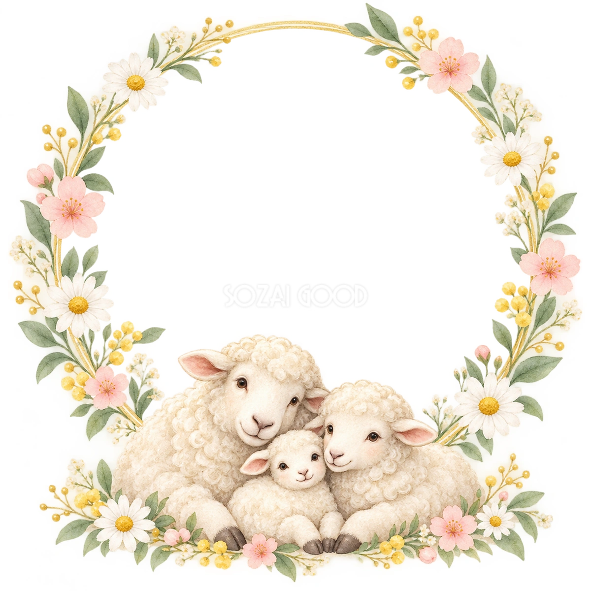 2027未年|花輪とかわいい羊家族の和風写真フレーム・年賀状イラスト97331