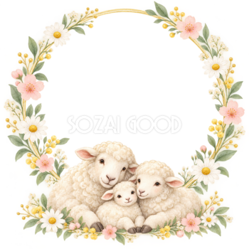 2027未年｜花輪とかわいい羊家族の和風写真フレーム・年賀状イラスト97331