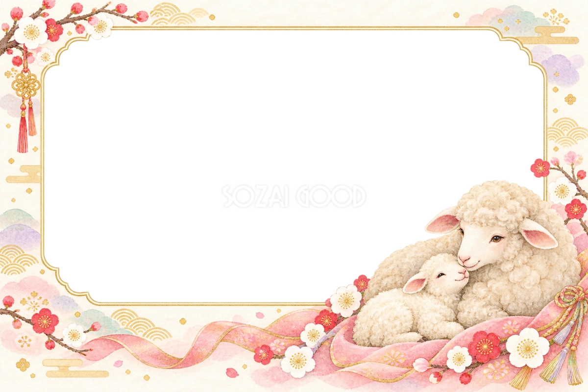 2027未年|パステルカラーのかわいい羊親子の和風写真フレーム・年賀状イラスト97332