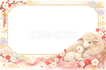 2027未年｜パステルカラーのかわいい羊親子の和風写真フレーム・年賀状イラスト97332