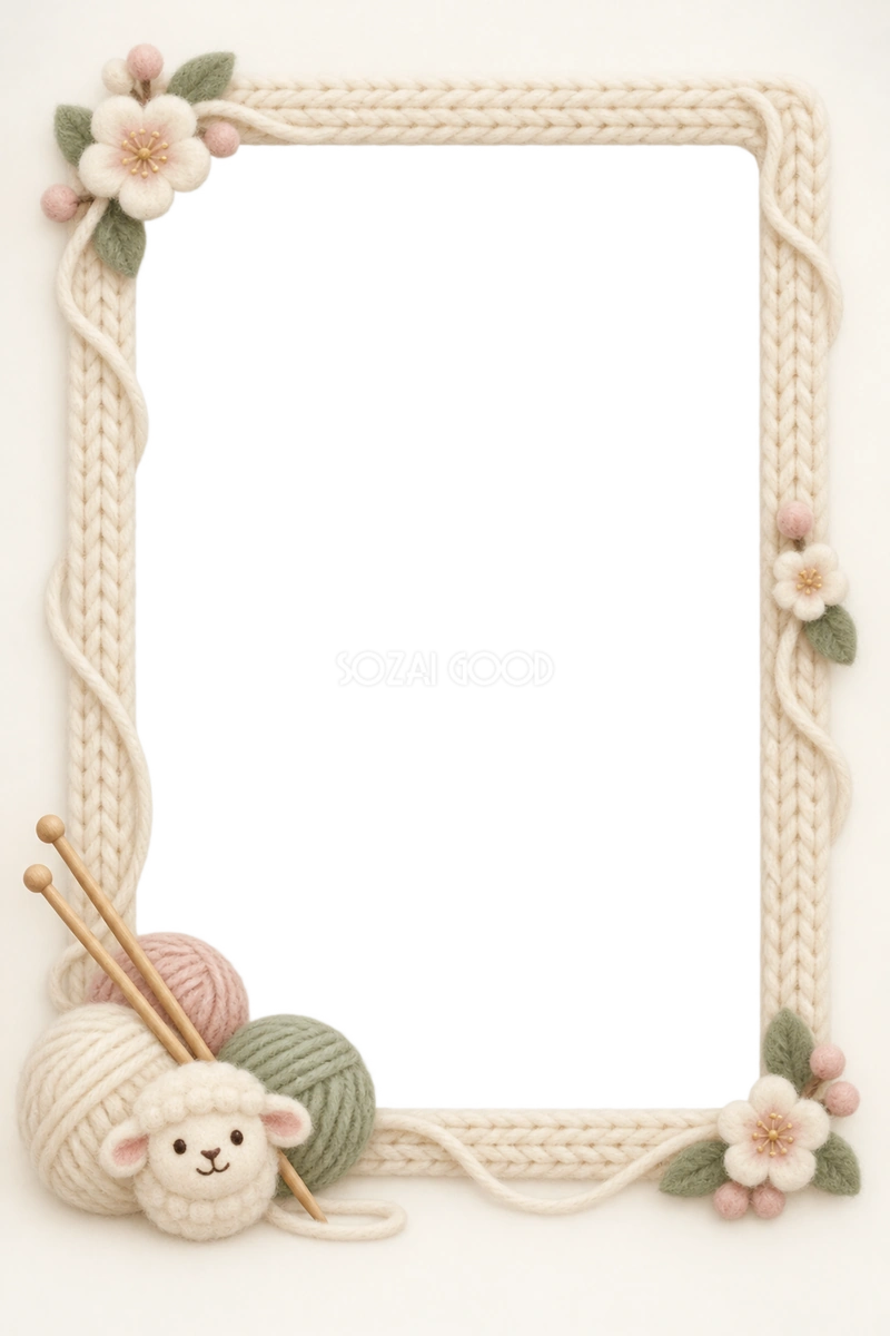 2027未年|かわいい羊と毛糸玉の和風写真フレーム・年賀状イラスト97338