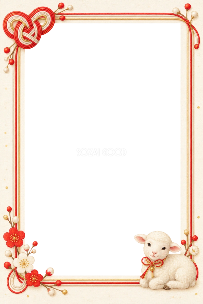 2027未年|赤いあわじ結びとかわいい羊の和風写真フレーム・年賀状イラスト97347