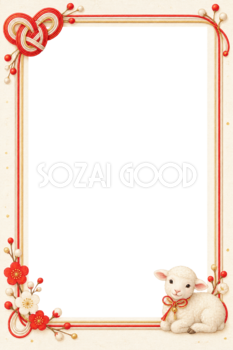 2027未年｜赤いあわじ結びとかわいい羊の和風写真フレーム・年賀状イラスト97347