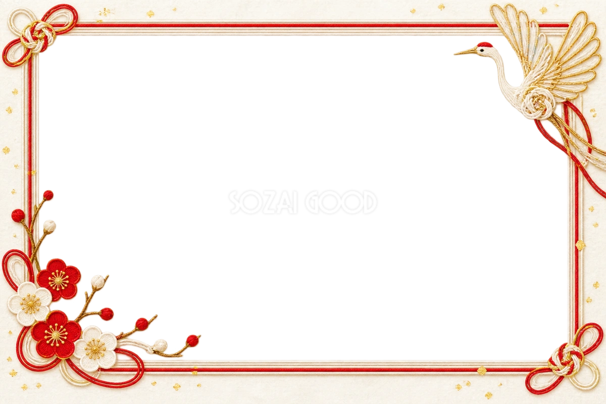 2027未年(羊)|鶴の水引と梅のかわいい和風写真フレーム・年賀状イラスト97351