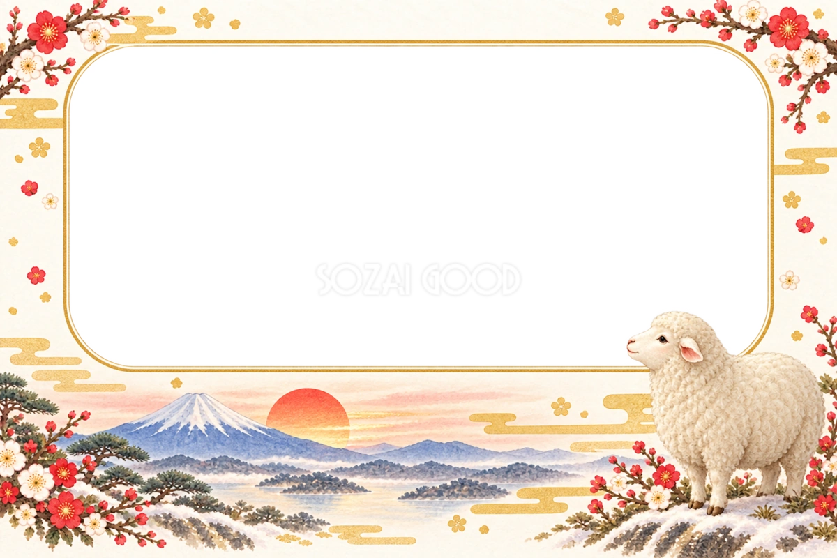 富士山・初日の出とかわいい羊の写真フレーム|2027未年の和風年賀状・無料イラスト97360