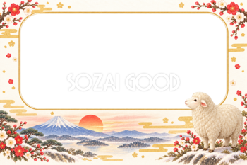 富士山・初日の出とかわいい羊の写真フレーム｜2027未年の和風年賀状・無料イラスト97360