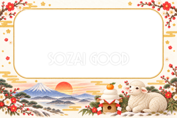 鏡餅と座るかわいい羊の写真フレーム｜2027未年の和風年賀状・無料イラスト97363