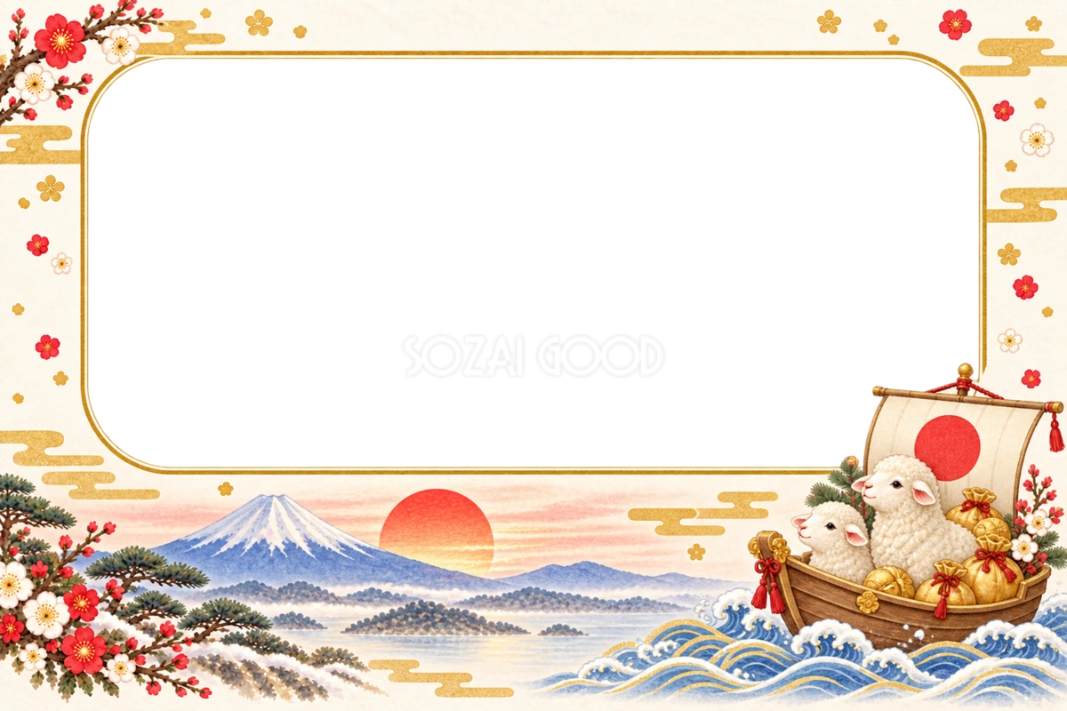 宝船に乗るかわいい羊の写真フレーム|2027未年の和風年賀状・無料イラスト97370