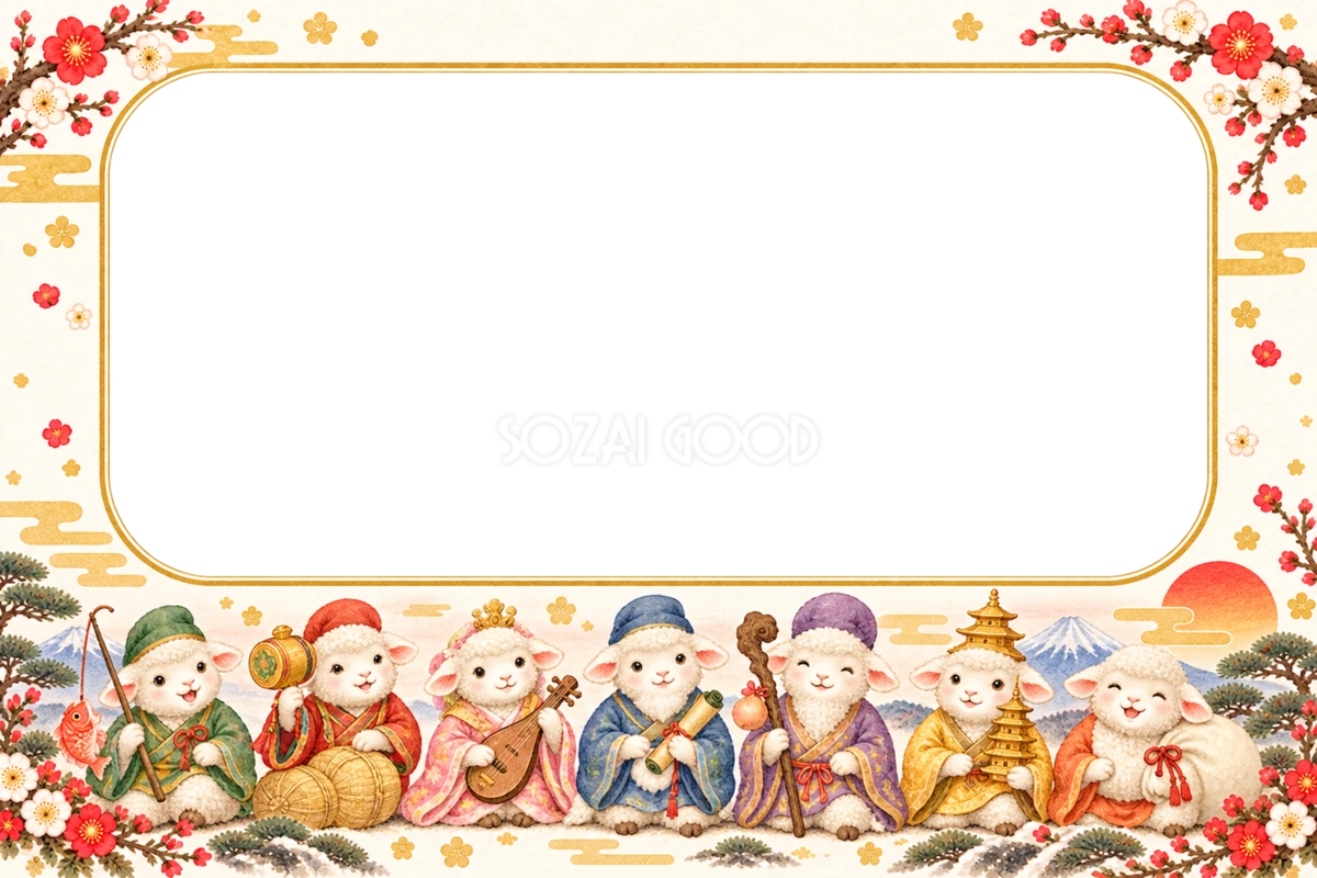 七福神姿のかわいい羊の写真フレーム|2027未年の和風年賀状・無料イラスト97371