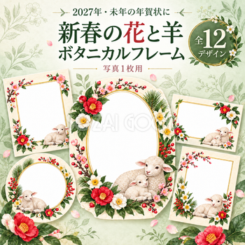 新春の花と羊の写真フレーム12選｜2027未年のかわいい和風年賀状・無料イラスト素材97372