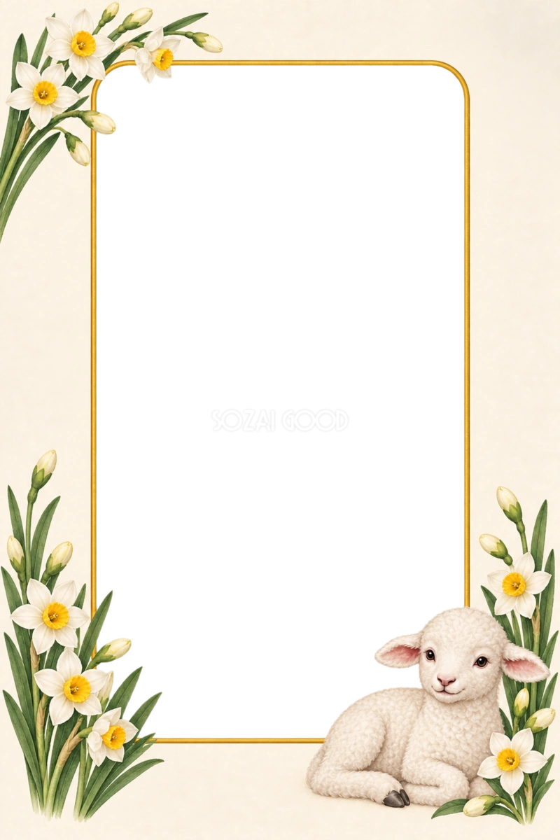 水仙とかわいい白い羊の写真フレーム|2027未年の和風年賀状・無料イラスト97375