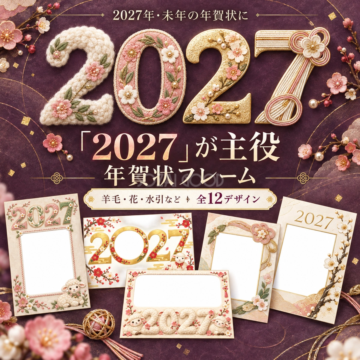2027が主役の年賀状フレーム12選|未年に使えるかわいい羊の無料イラスト97424