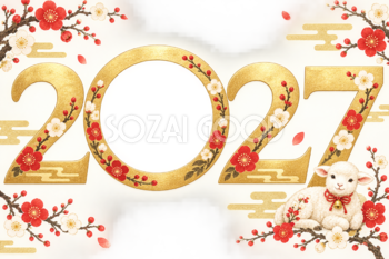 2027未年｜0が丸窓になる年賀状フレーム・かわいい羊の無料イラスト97425
