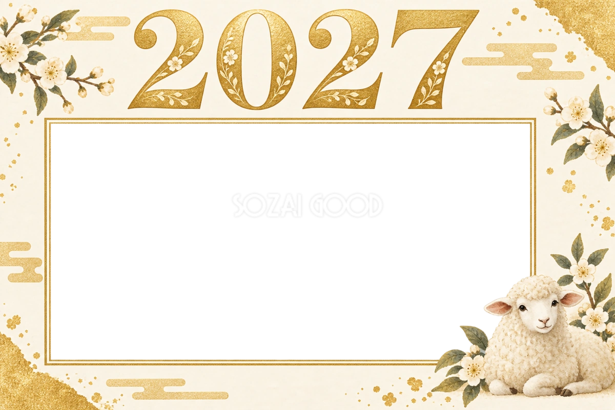 2027未年|金箔の数字とかわいい羊の年賀状フレーム・無料イラスト97430